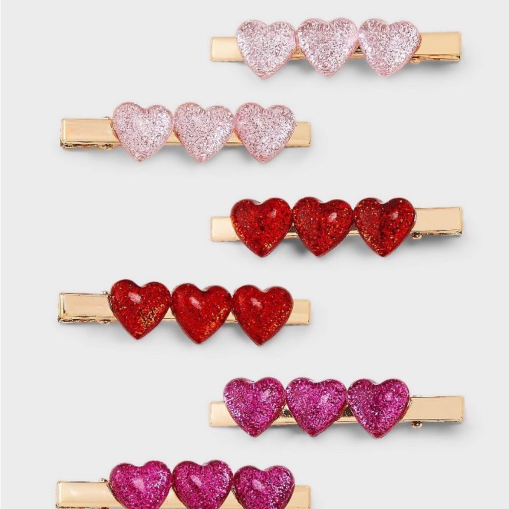 Heart Glitter Hair Clips Set - Pink, Red, Gold